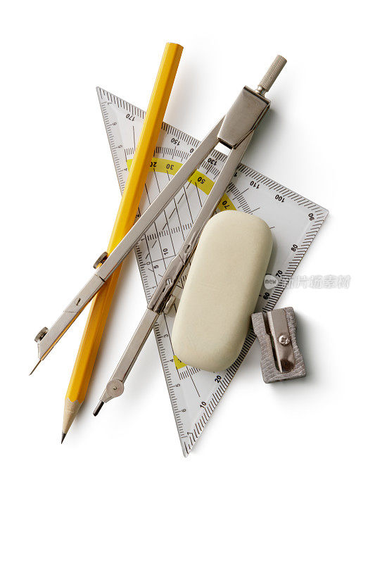 办公室:圆规，设置方形，铅笔，橡皮和卷笔刀孤立在白色背景