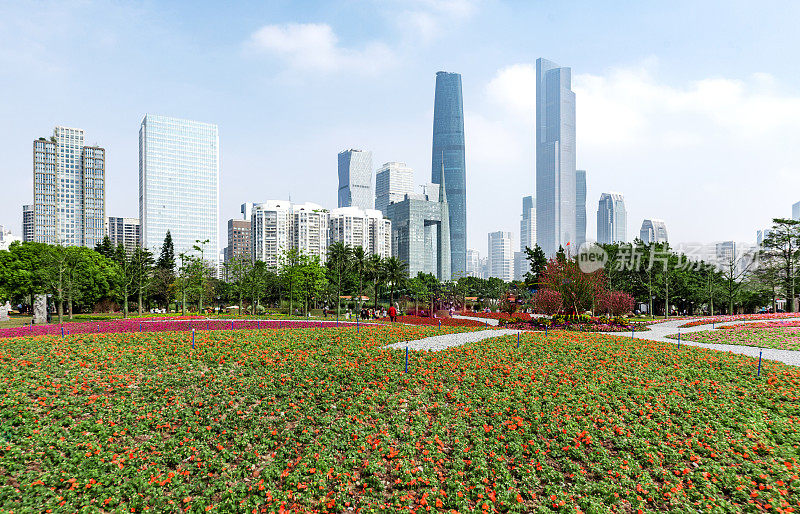 春天，中国广州美丽的公园鲜花和现代化的城市建筑