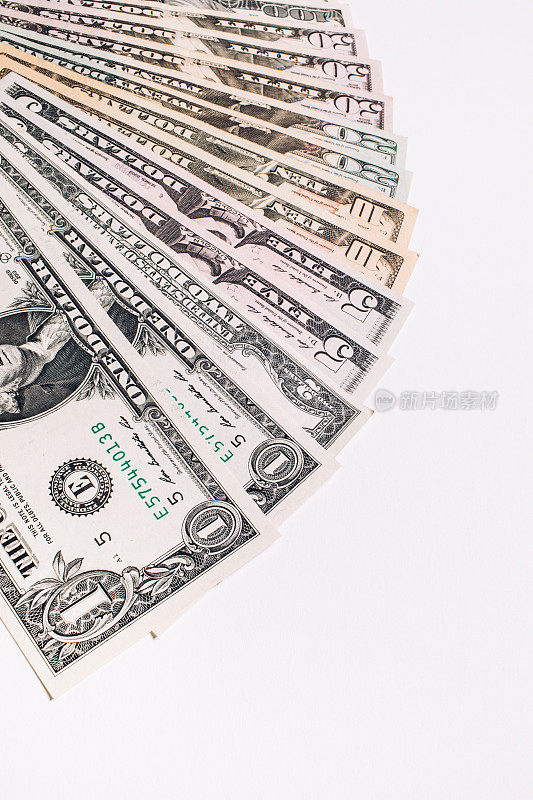 美元的货币背景，美国货币钞票上的白色背景。