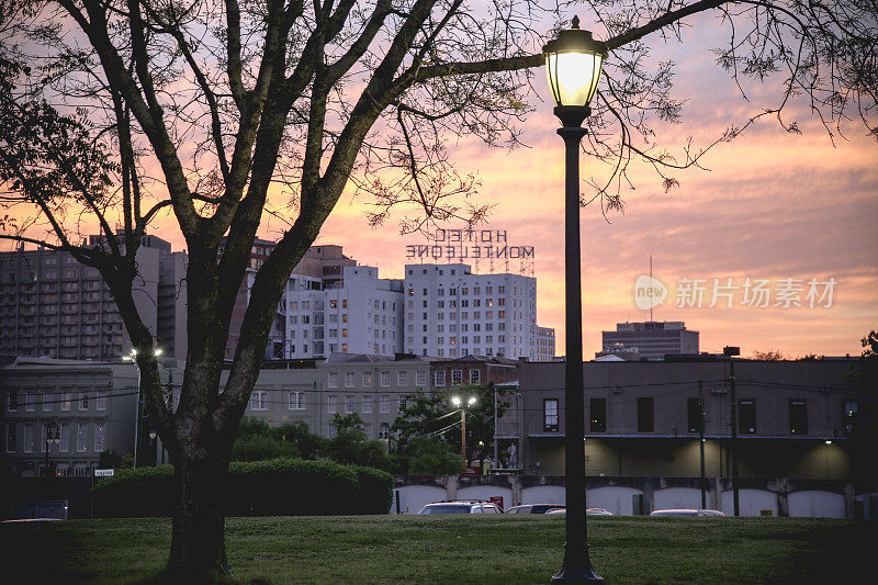 新奥尔良日落，街灯，树，城市剪影