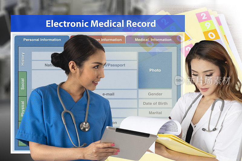 两名女医生展示了医疗记录技术从纸质到电子的转变。
