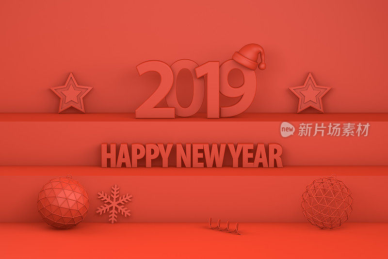 2019年新年，楼梯上有圣诞帽，红色背景上有简约圣诞概念