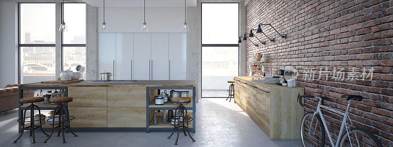 现代设计豪华厨房室内。3d渲染