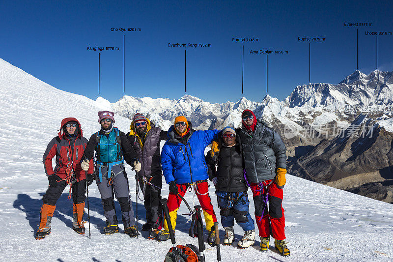 喜马拉雅山高海拔山脉上的一群登山者