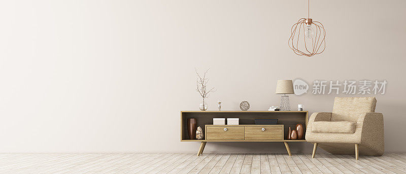 室内木制橱柜和扶手椅3d渲染