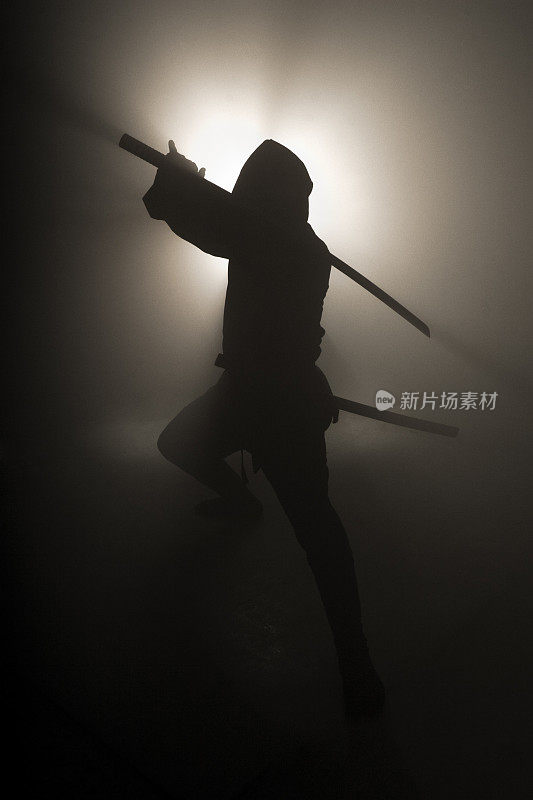 一个手持剑的忍者的黑色剪影