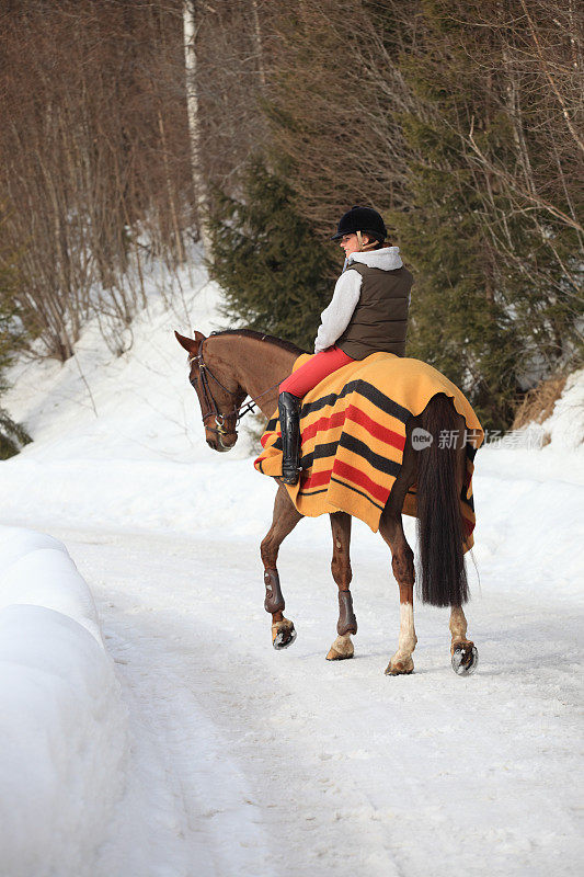 挪威奥斯陆，一名年轻女子在雪地里骑马