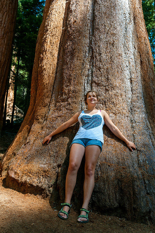 站在美国加州国家公园红杉旁的年轻女子。