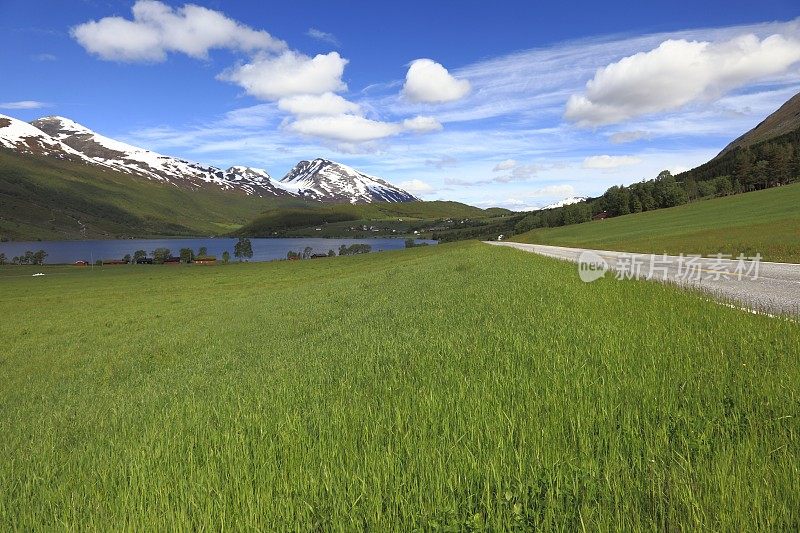 田园诗般的草地，草地乡村在挪威和云
