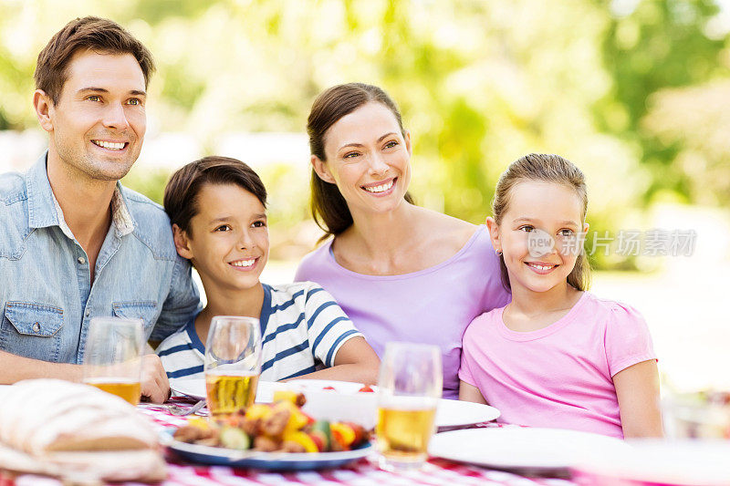 微笑的家庭在户外用餐