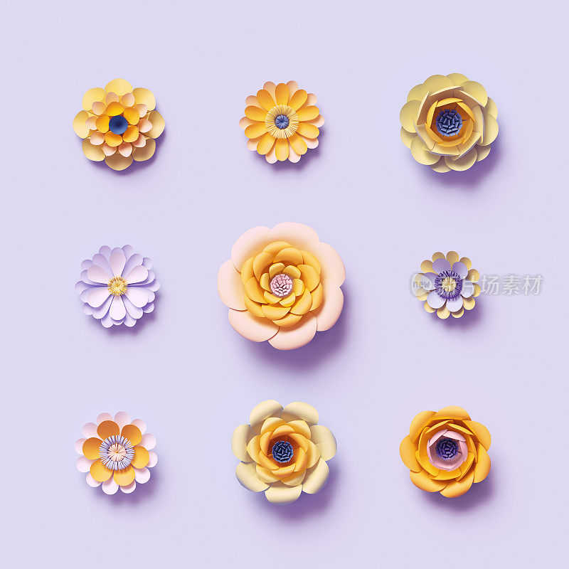 3d渲染，紫黄色工艺纸花，花卉剪辑艺术集，孤立植物设计元素，明亮的糖果颜色，装饰点缀