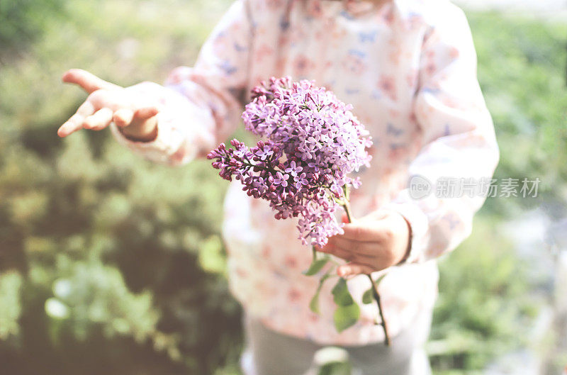 孩子给花。一个手里拿着花的小女孩。