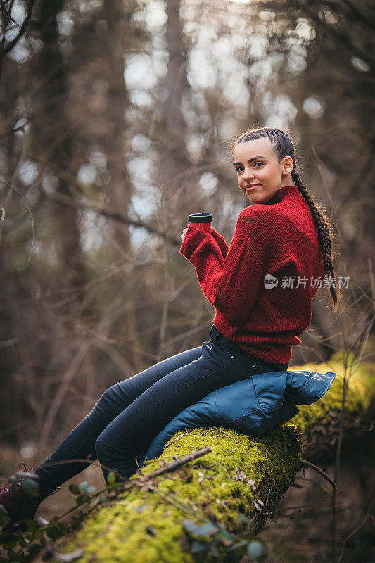 一个美丽的年轻女子坐在树林里的一棵树上的肖像