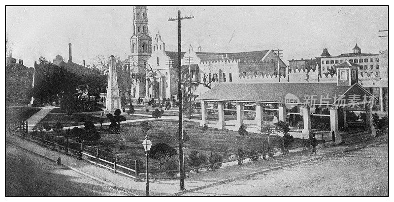 美国古董黑白照片:广场和奴隶市场，圣奥古斯丁，佛罗里达
