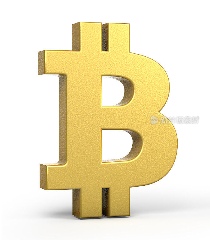 黄金比特币货币图标孤立，3D黄金比特币符号白色背景，3D渲染，3D插图