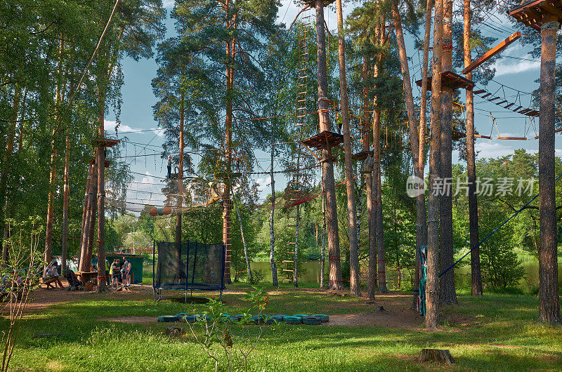 克拉托夫斯科耶湖岸边松树顶上的天路绳索公园，家庭娱乐和休闲:克拉托夫，俄罗斯——2021年6月15日
