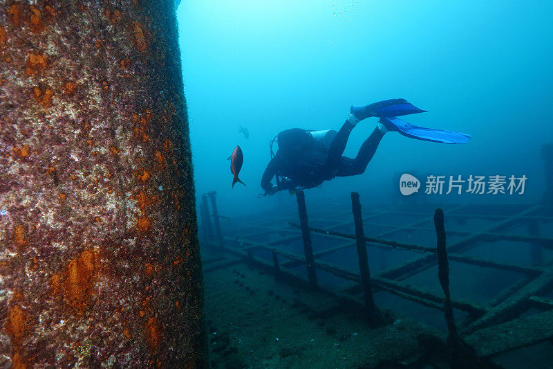 潜水员在沉船上