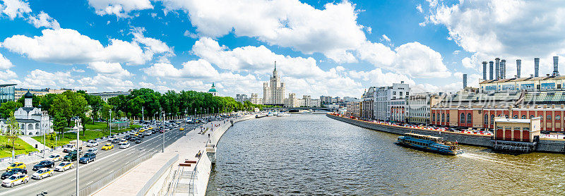 莫斯科河堤全景图。背景是斯大林式的摩天大楼“Kotelnicheskaya堤岸大厦”。