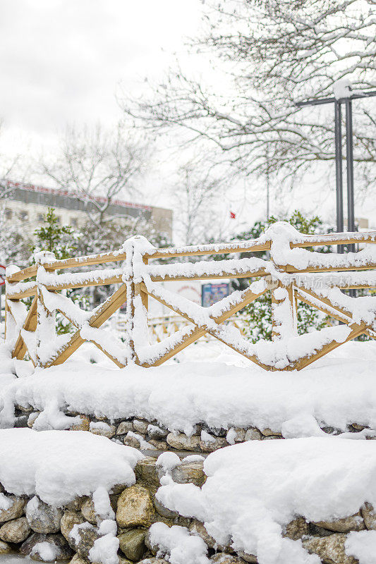 美丽的冬季公园，结冰的水覆盖着雪