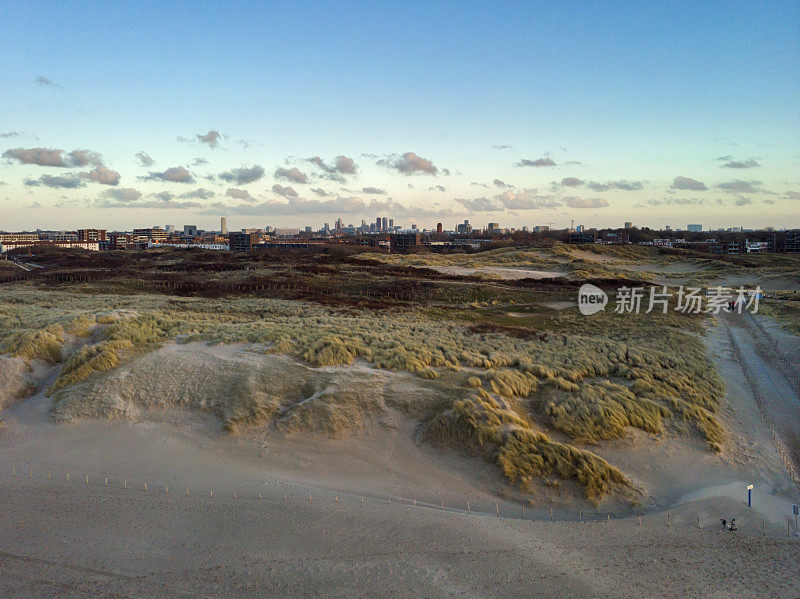 从Zuiderstrand沙丘上俯瞰海牙的航拍照片，背景是Duindorp和天际线