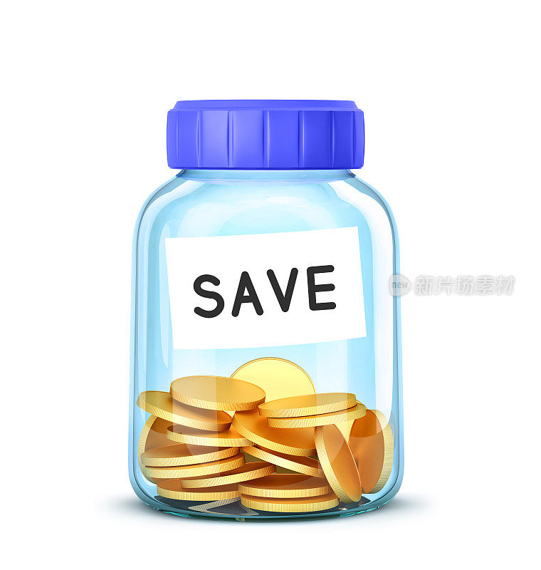 硬币放在玻璃罐里，标签上写着“保存”字样。省钱理念