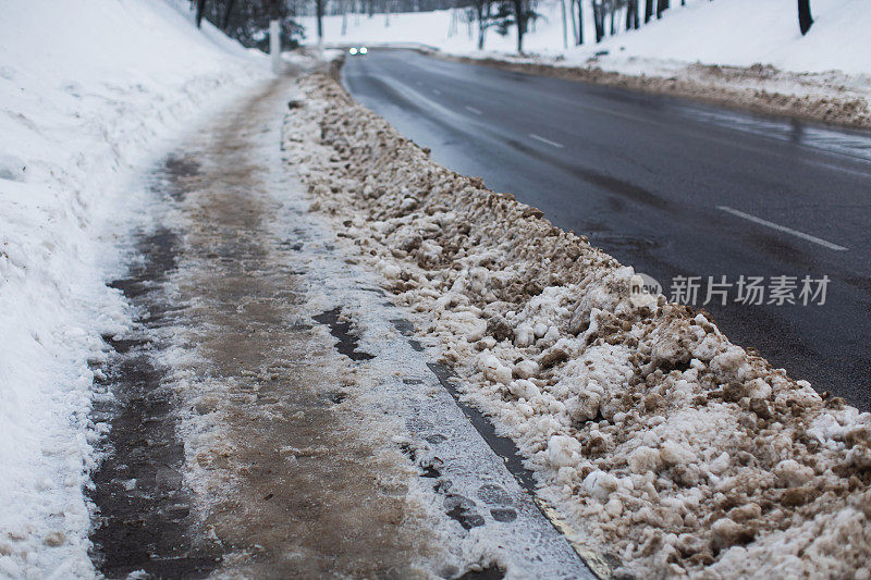 路边。肮脏的积雪。污染