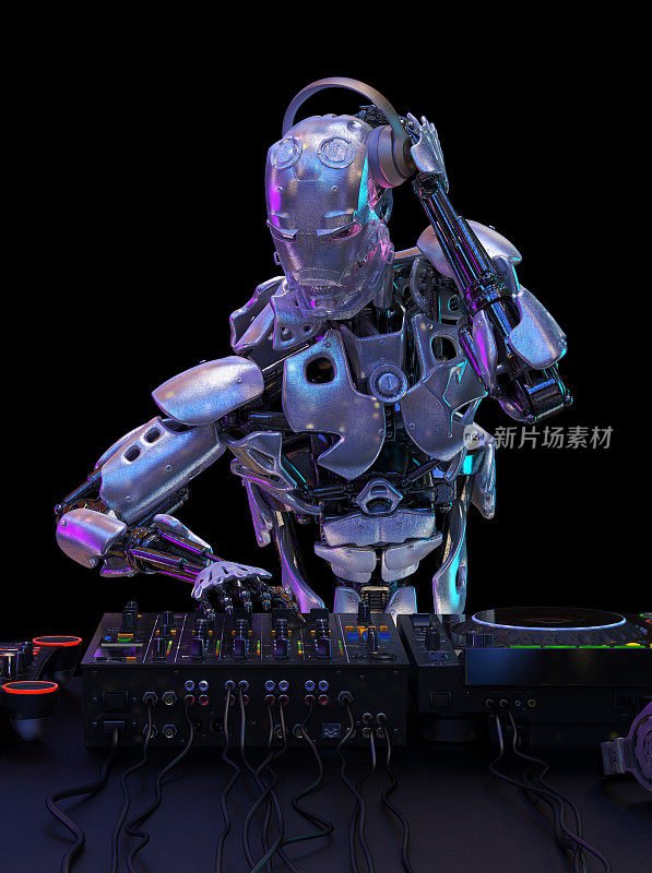 机器人机器人唱片骑师在dj混音器和唱盘播放夜总会期间的聚会。EDM，娱乐，派对概念