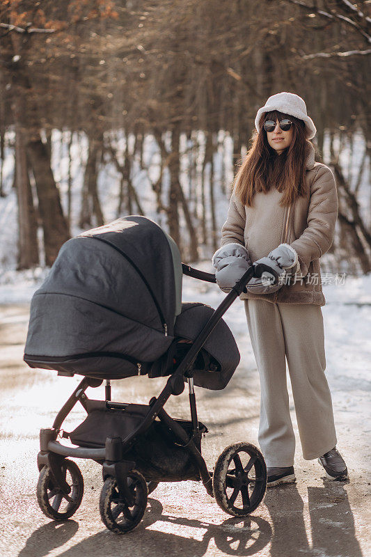 一位年轻的母亲推着婴儿车在冬季公园散步。推着婴儿车的女孩在冬天去。