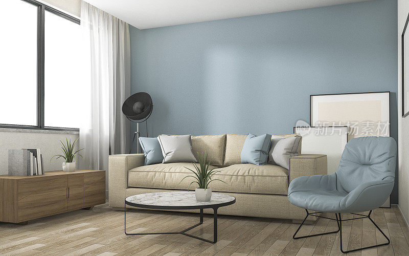 3d渲染蓝色装饰客厅与漂亮的家具