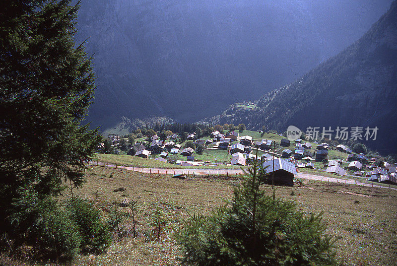 村庄瑞士阿尔卑斯高山草地附近的Lauterbrunnen瑞士