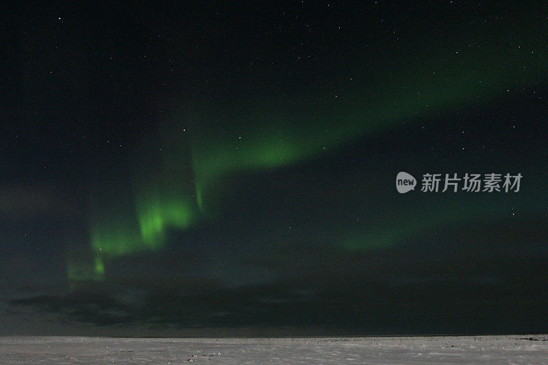 绿色的北极光在加拿大马尼托巴冰天雪地的北极上空飘带