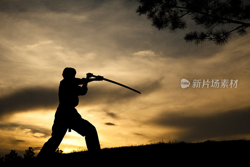 穿着剪影的女人在练习武术，空手道。日落。在户外。天空。