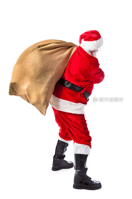 圣诞老人与圣诞礼物袋在白色的背景