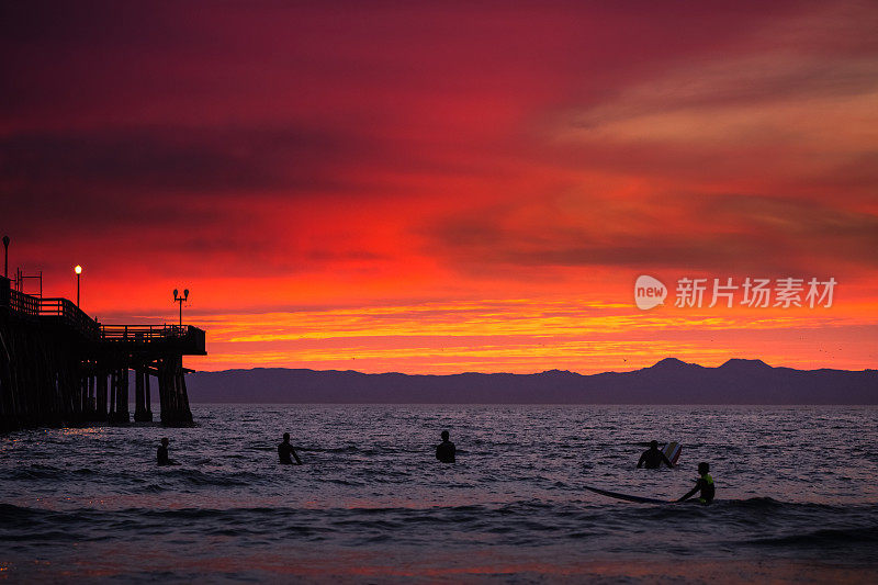 一群年轻的冲浪者在加利福尼亚海豹海滩享受日落