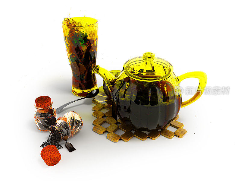 概念红茶在玻璃器皿焊接3d渲染在白色背景与阴影