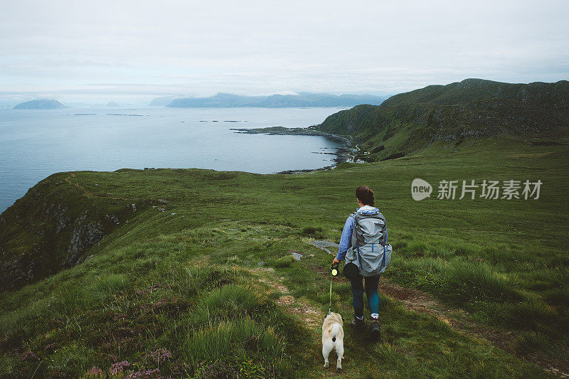 妇女和狗在挪威北部岛屿徒步旅行