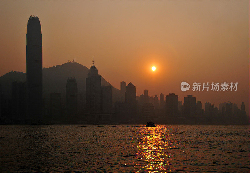 香港-日落时，维多利亚港上空的地平线