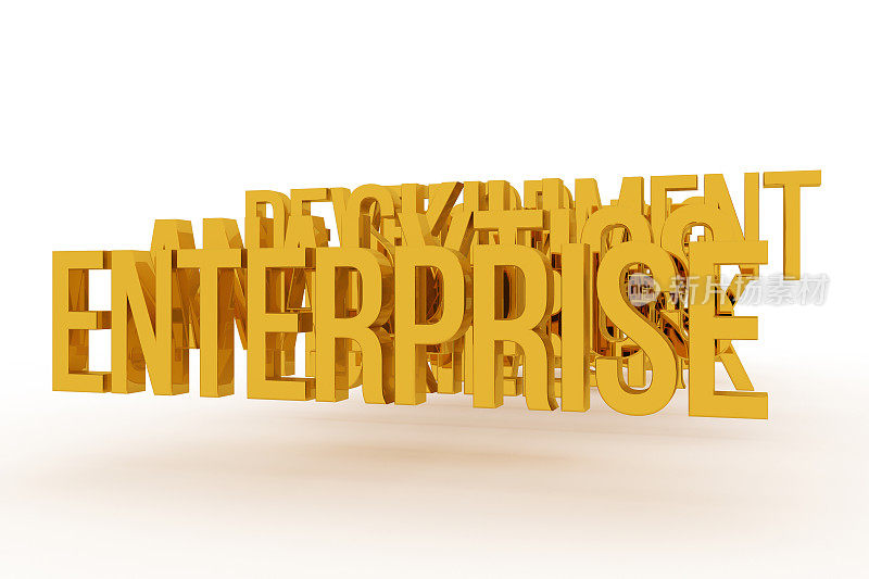 企业、企业概念黄金3D字。渲染，字母，排版和标题。