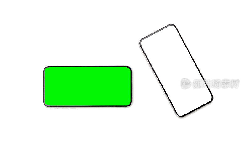 顶视图黑色智能手机与空白屏幕隔离在白色背景。白色和绿色空白屏幕。