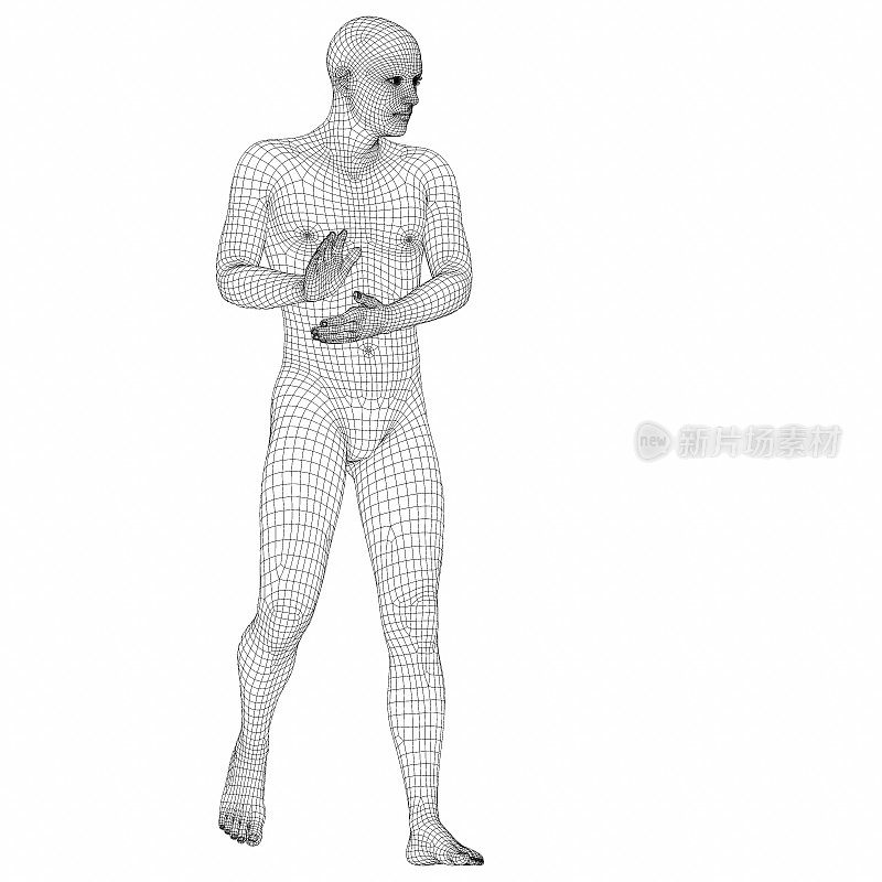 一个站立的线框男性半机械人的3D渲染。