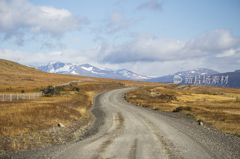 智利巴塔哥尼亚农田公路与安第斯山脉的背景