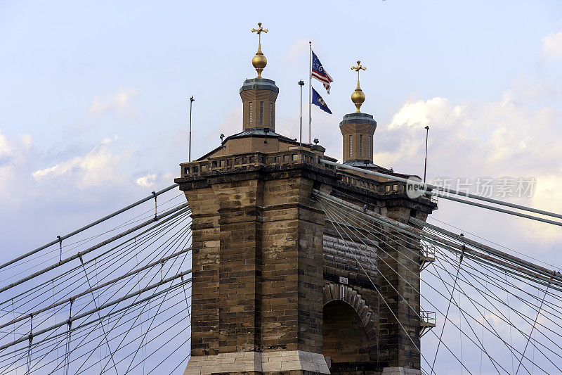 蓝天下，我们看到俄亥俄河上的罗布林吊桥上飘扬的旗帜。