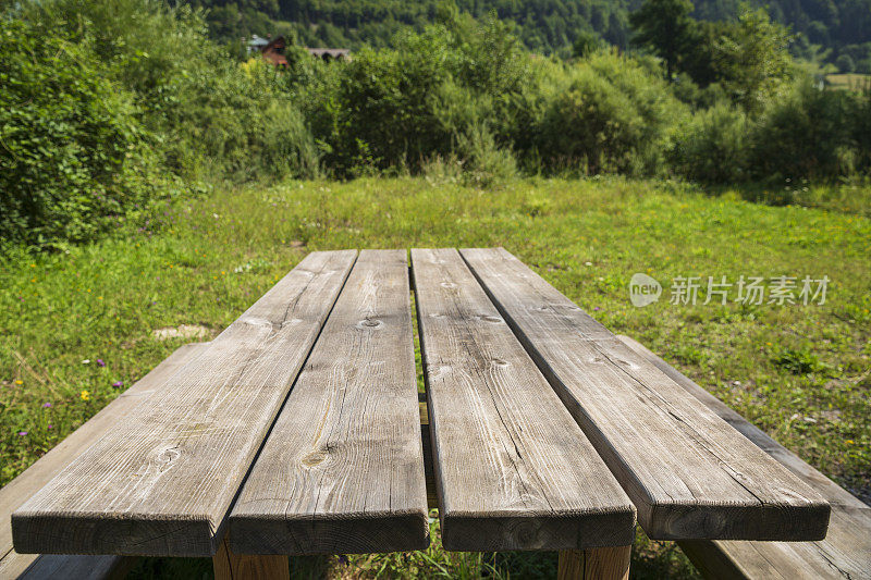 松木野餐桌。原生态的大自然，草地作为背景。