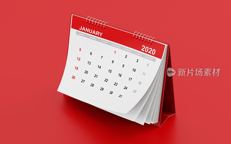 2020年红色台历月历:1月
