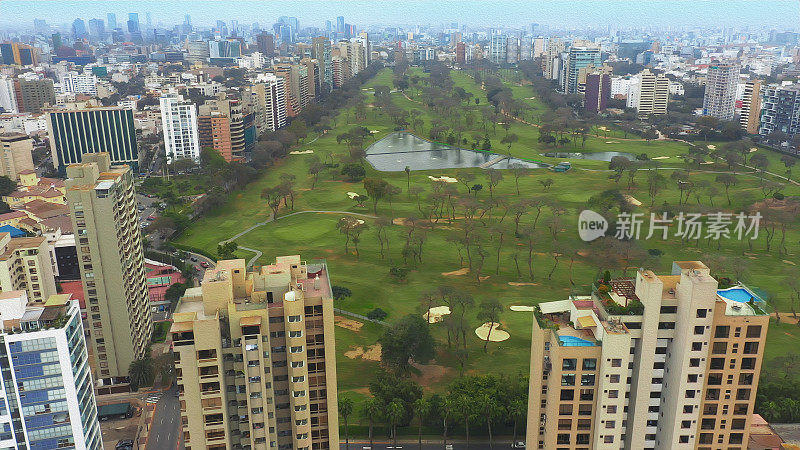 油画全景鸟瞰图圣伊西多罗地区在利马，秘鲁。