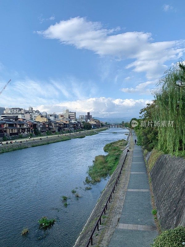 阳光明媚的一天，日本京都加茂河沿岸