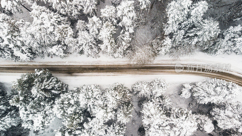 多风的道路在积雪覆盖的森林，从上到下鸟瞰图