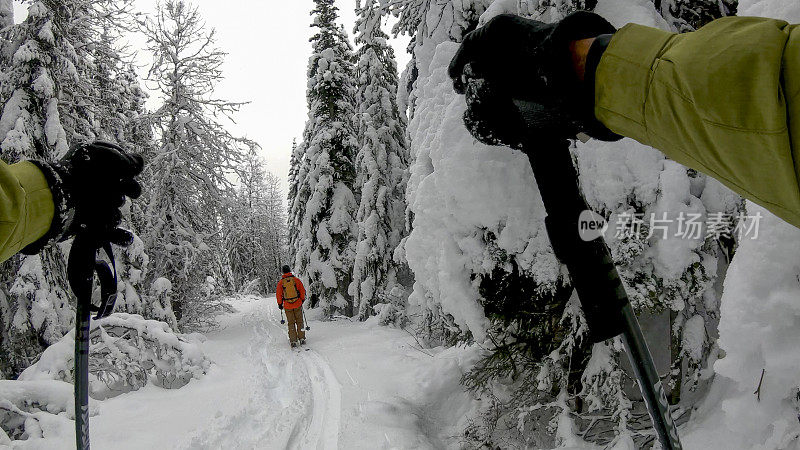 偏远地区的滑雪者下山