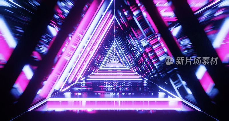 抽象的未来主义三角形走廊，荧光紫外线，彩色激光霓虹线，几何无尽的隧道，蓝粉色光谱，3d插图