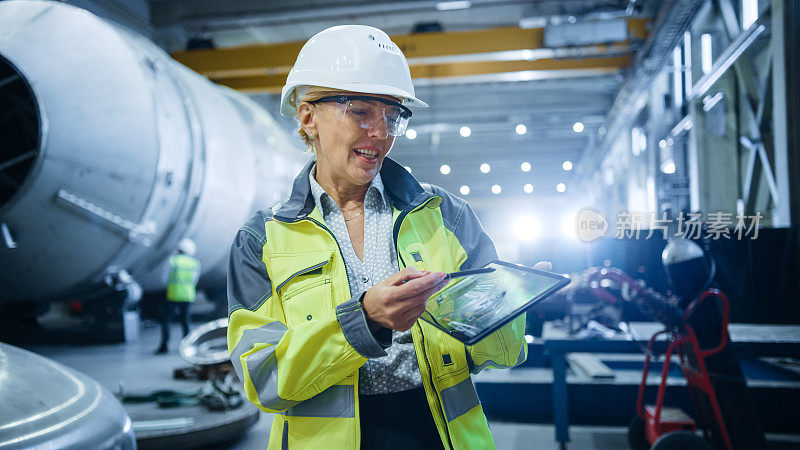 专业重工业女工程师穿着安全制服，手持数码平板电脑，讲解产品设计。石油、天然气和燃料输送管道工业工厂建设